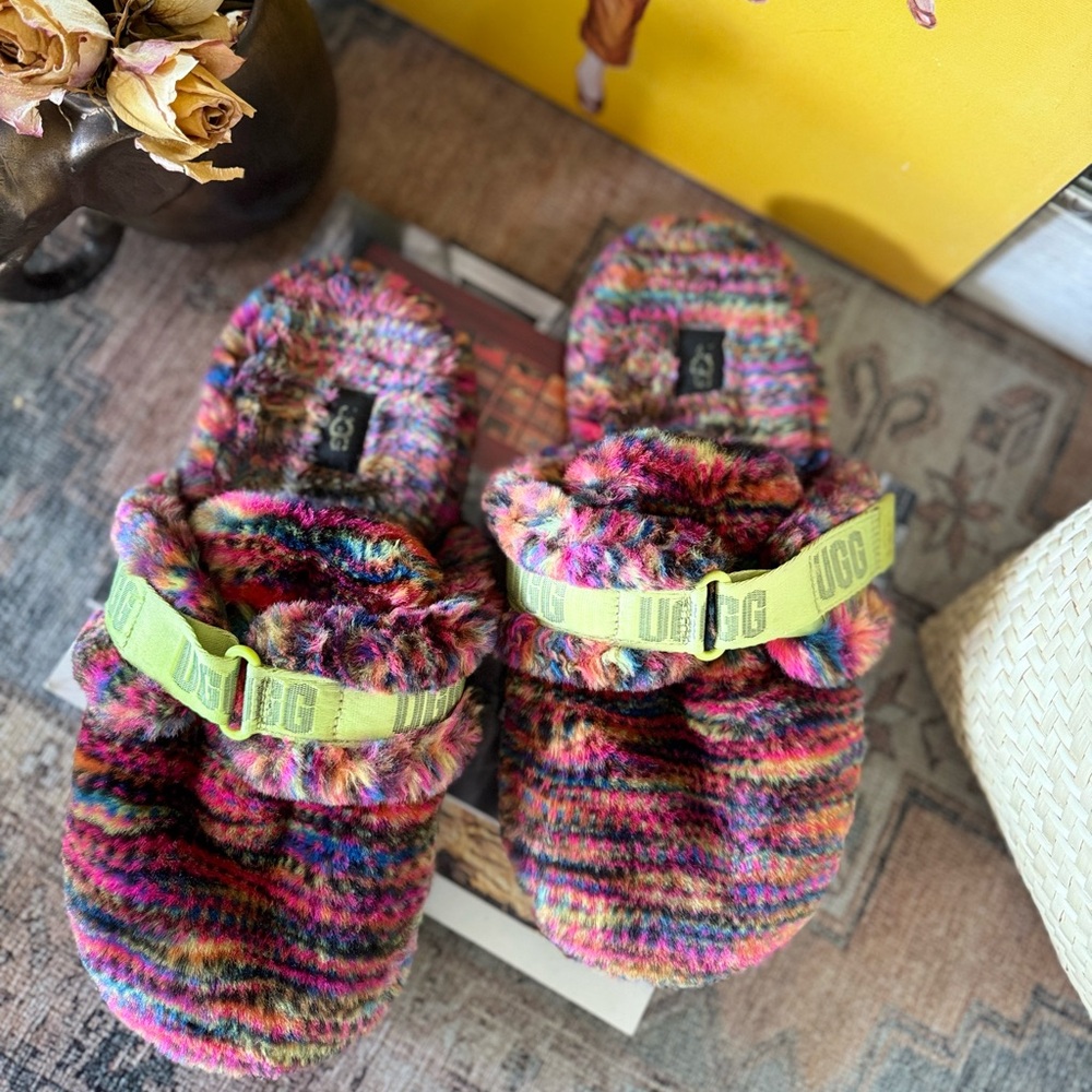 UGG Multicolor Fluffy Sandals with Neon Accents